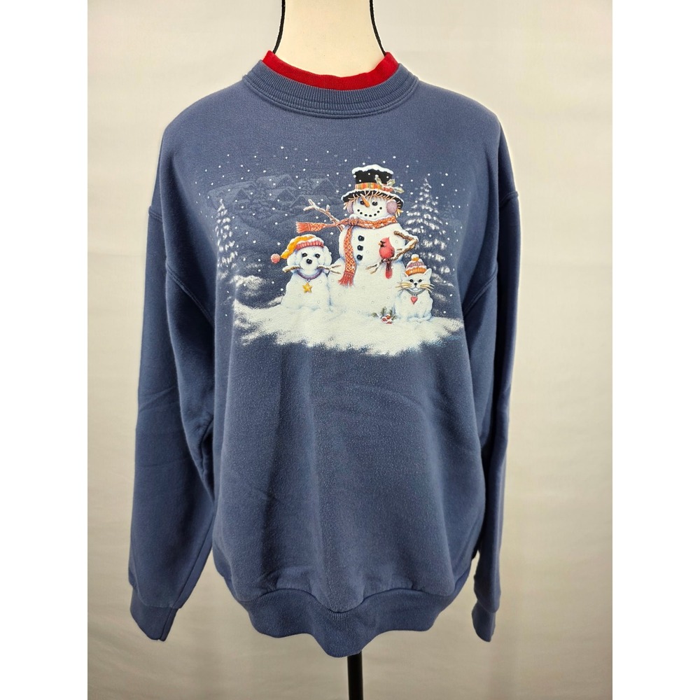 Morning Sun Vintage Snowman Puppy Kitten Blue Sweatshirt Womens Medium Holiday
